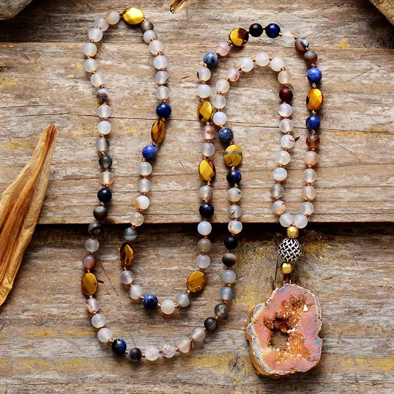 Boho Natural Stone Druzy Pendant Necklace