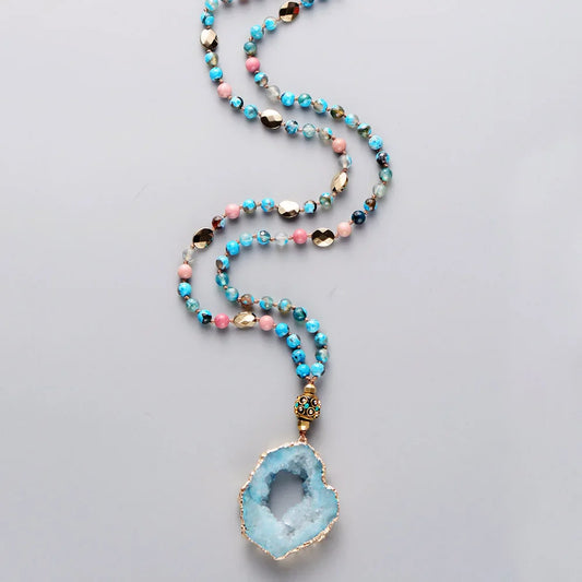 Boho Natural Stone Druzy Pendant Necklace